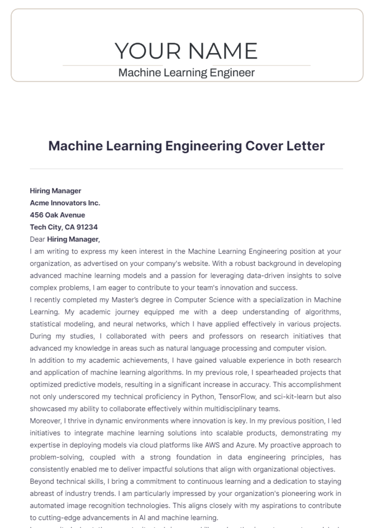 Machine Learning Engineering Cover Letter - Edit Online & Download