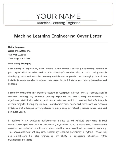 Free Machine Learning Engineering Cover Letter to Edit Online