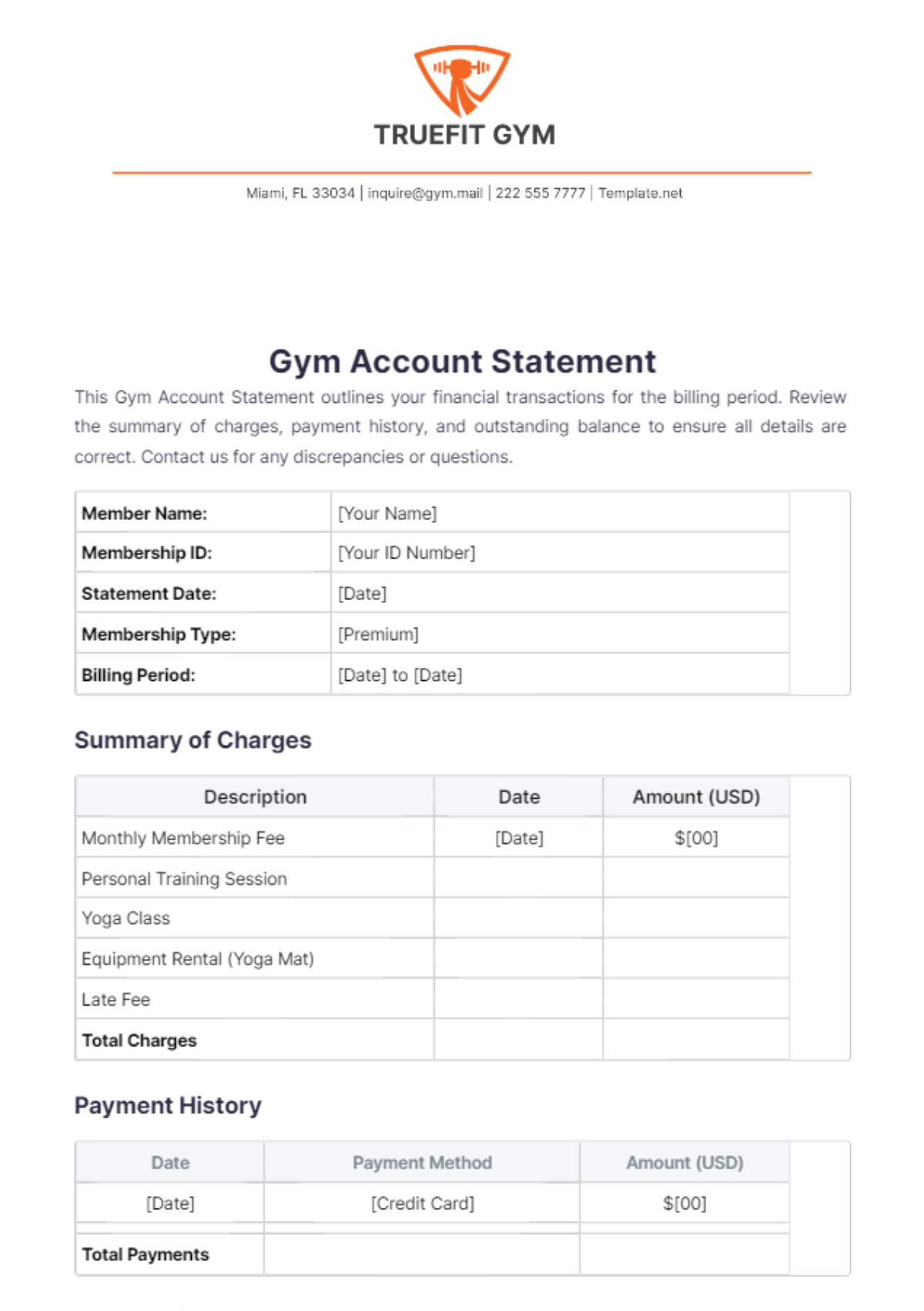 Gym Account Statement Template - Edit Online & Download