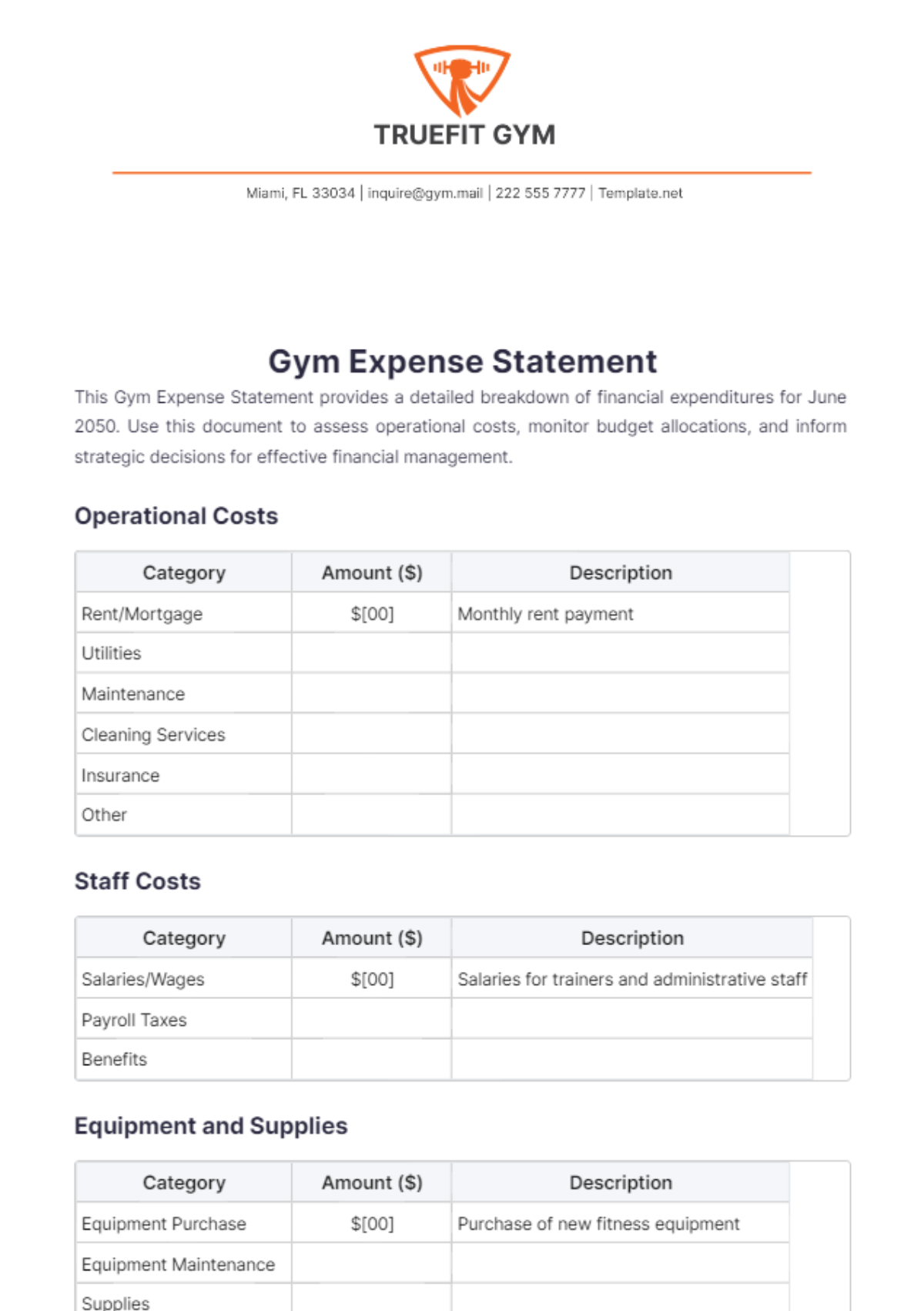 Gym Expense Statement Template - Edit Online & Download