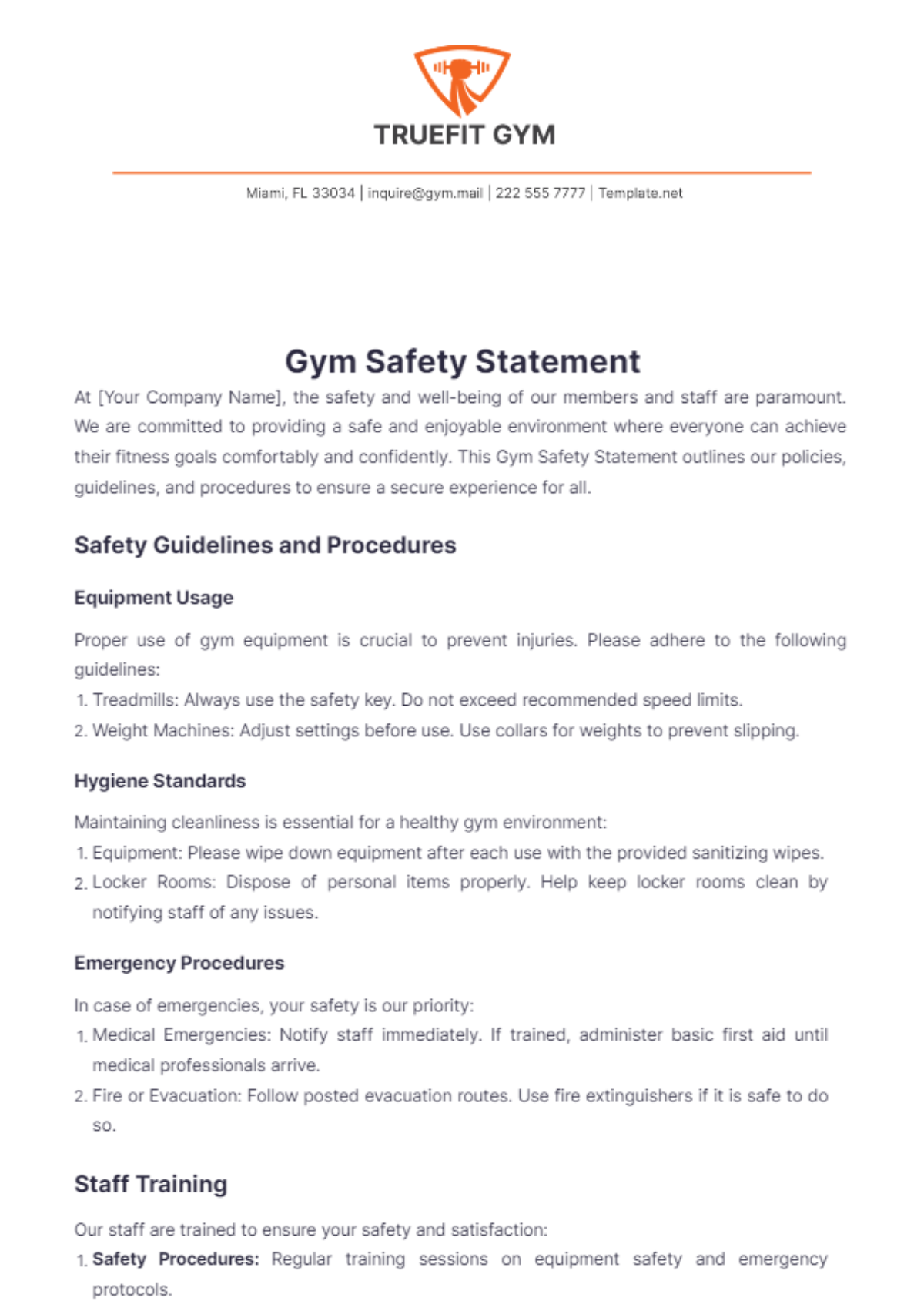 Gym Safety Statement Template - Edit Online & Download