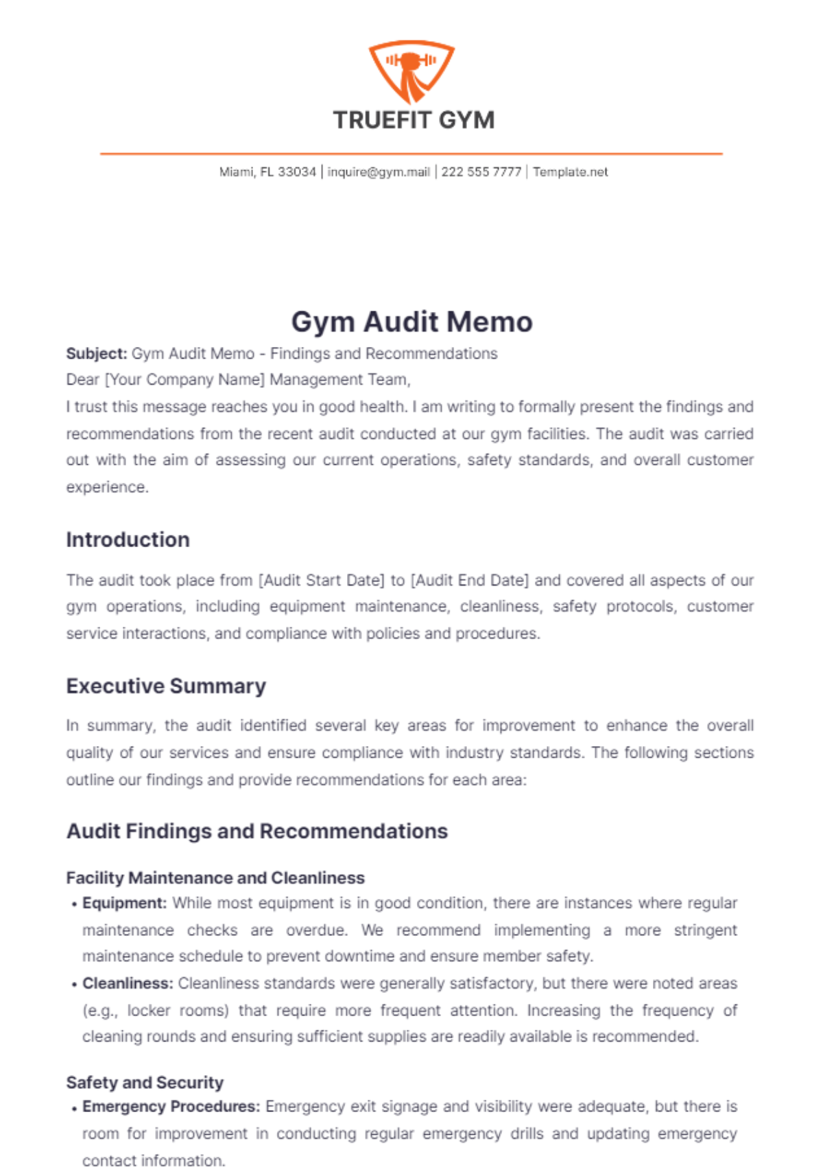 Gym Audit Memo Template - Edit Online & Download