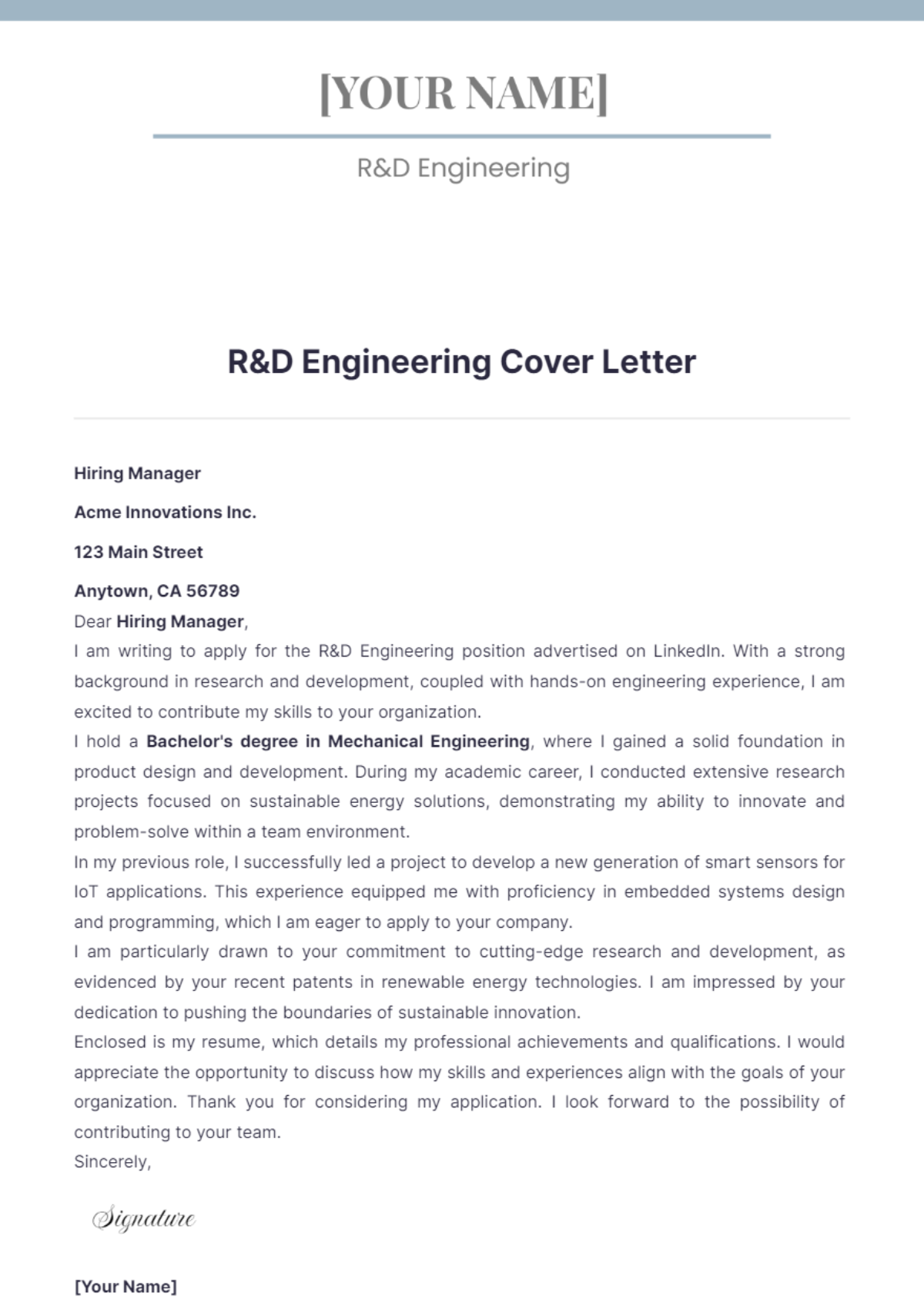 R&D Engineering Cover Letter - Edit Online & Download