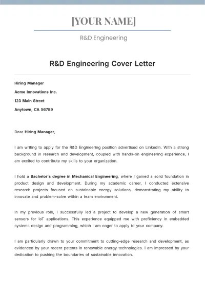 Free R&D Engineering Cover Letter to Edit Online
