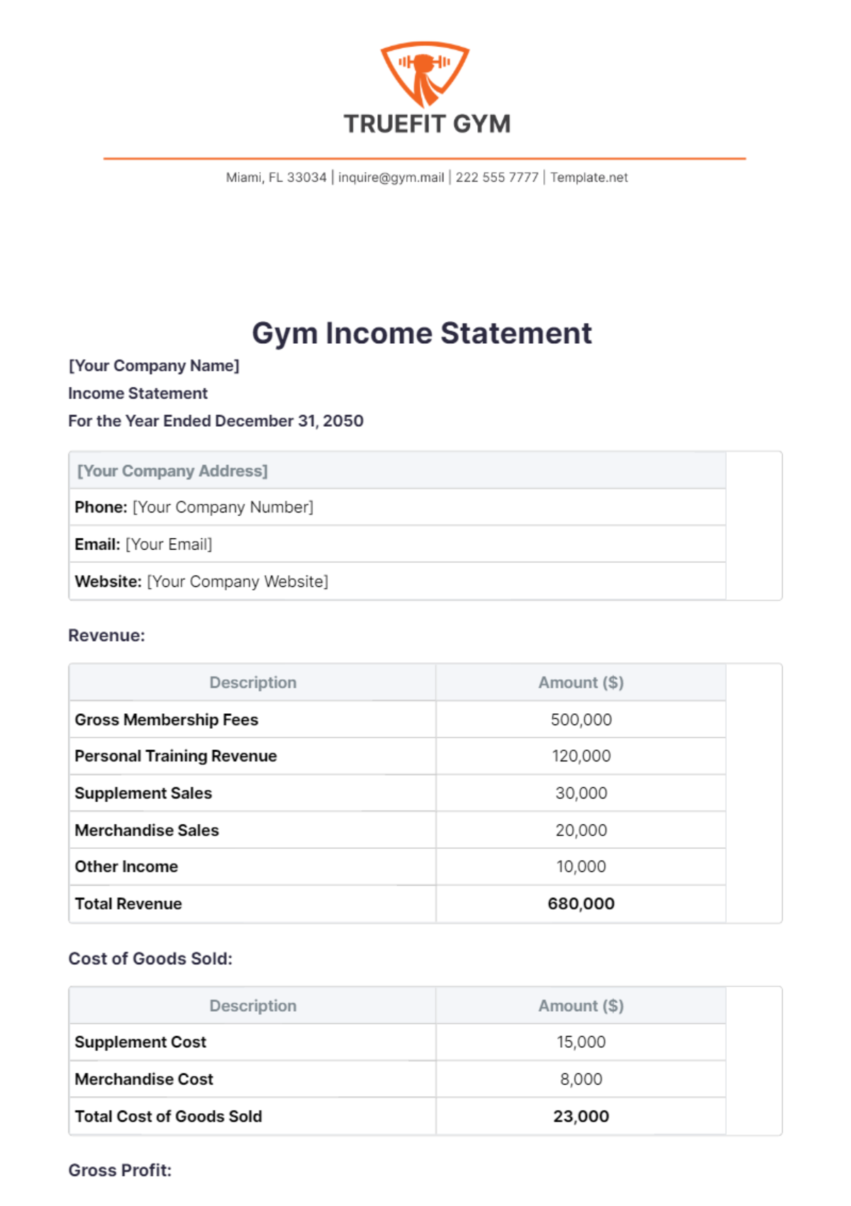 Gym Income Statement Template - Edit Online & Download