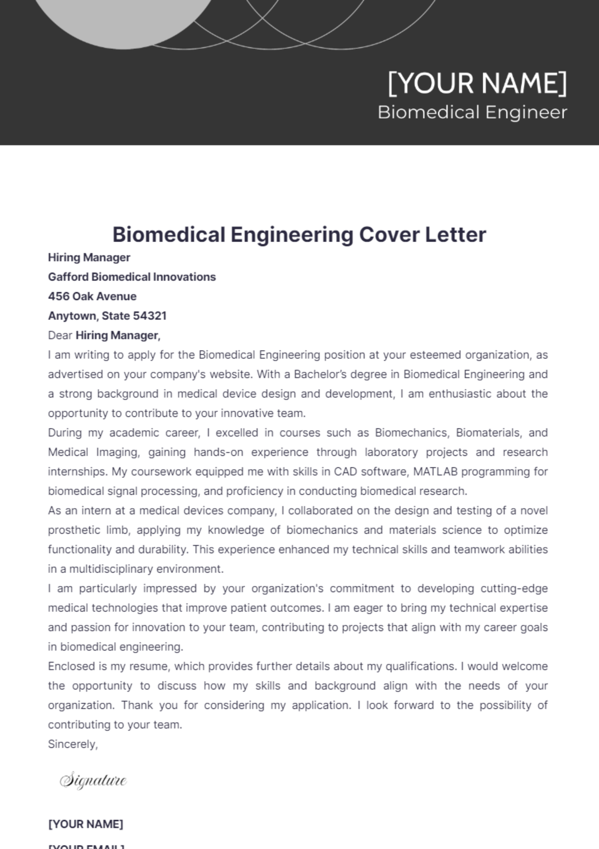 Biomedical Engineering Cover Letter - Edit Online & Download