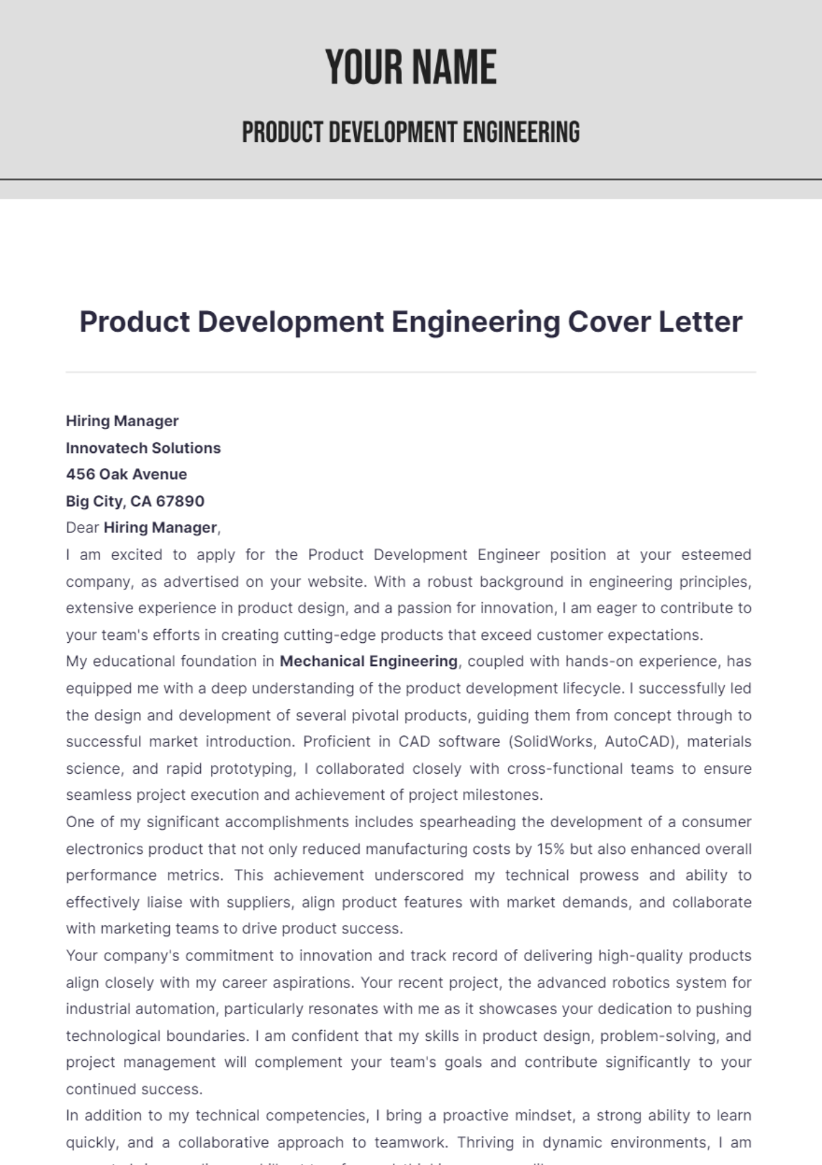 Product Development Engineering Cover Letter - Edit Online & Download