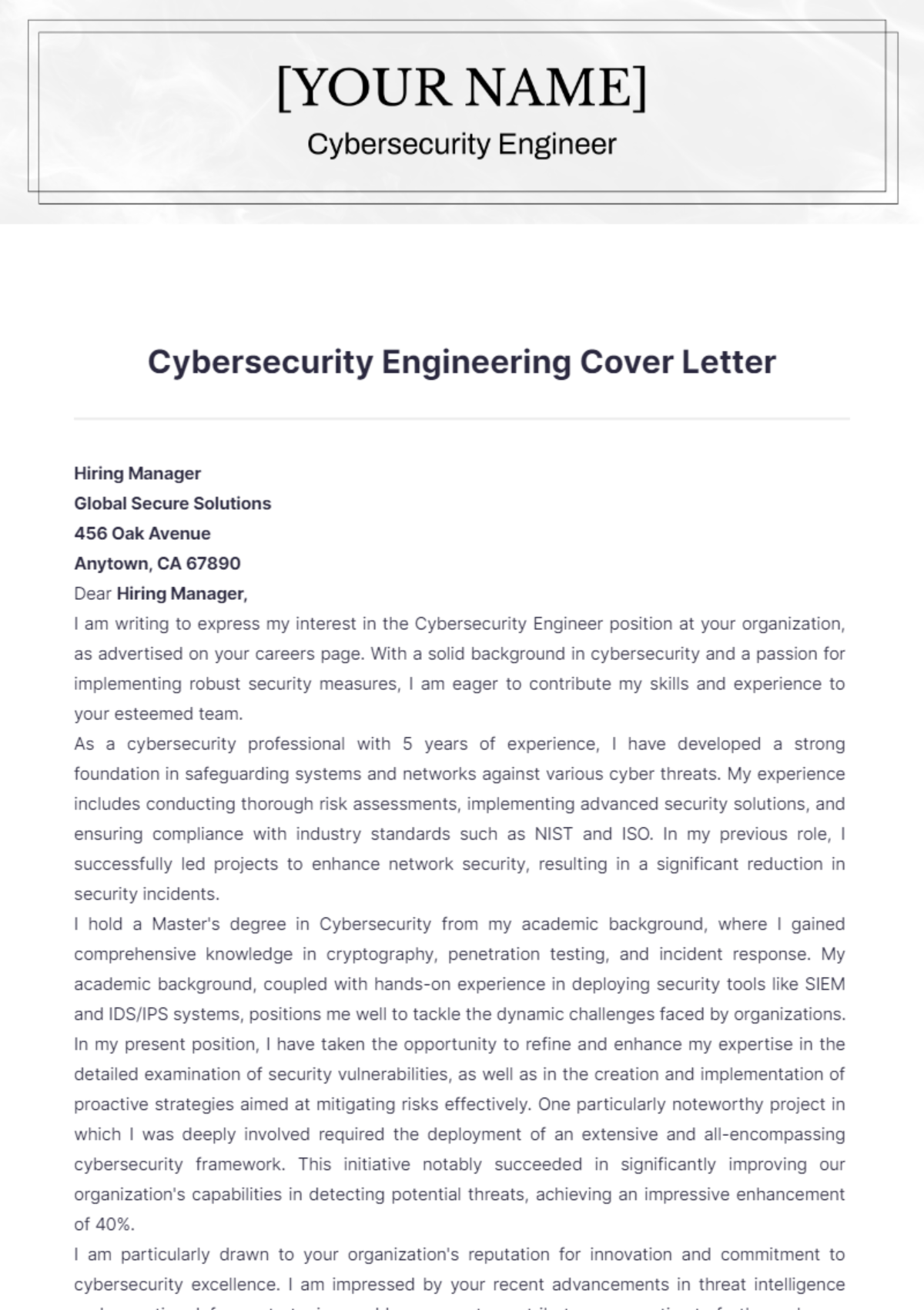 Cybersecurity Engineering Cover Letter - Edit Online & Download