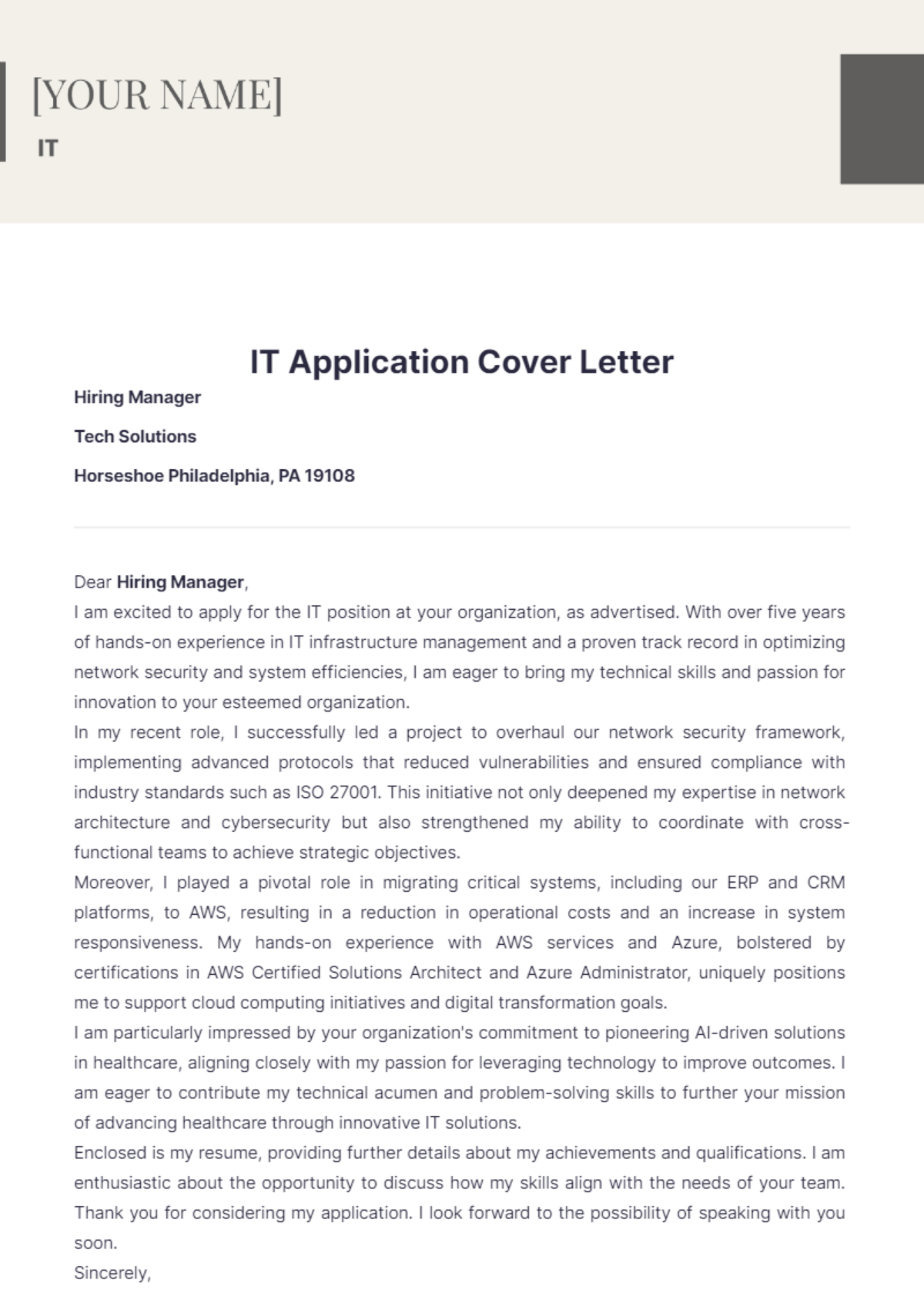 IT Application Cover Letter - Edit Online & Download