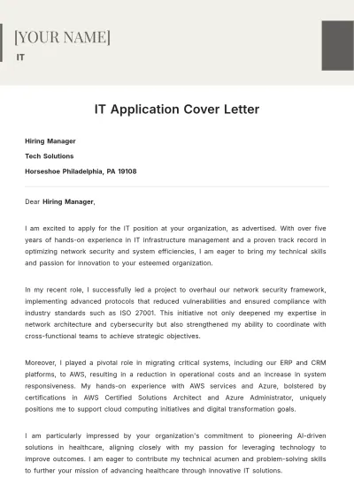 Free IT Application Cover Letter to Edit Online