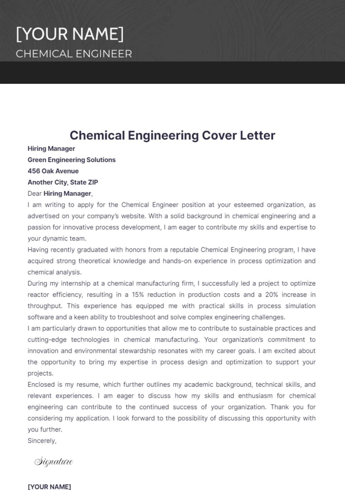 Chemical Engineering Cover Letter - Edit Online & Download