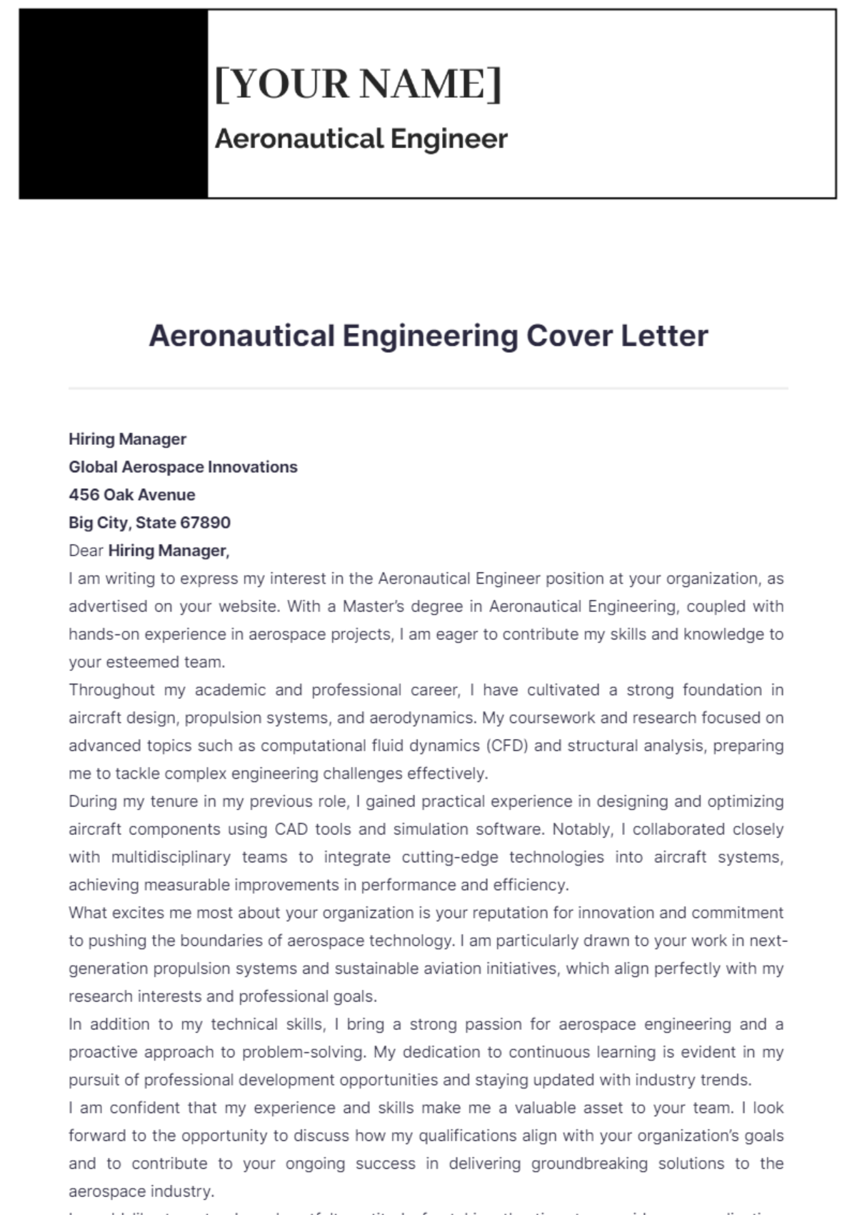 Aeronautical Engineering Cover Letter - Edit Online & Download