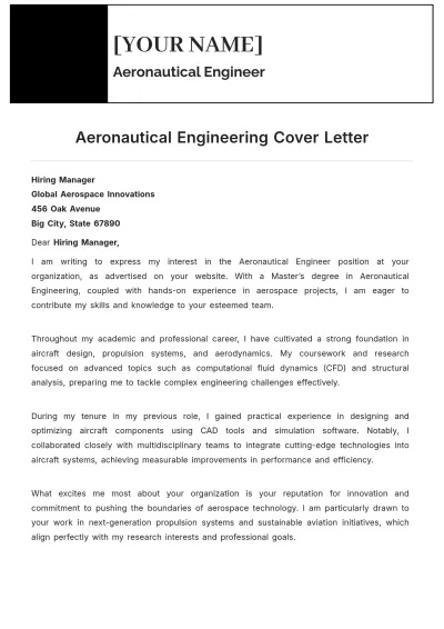 Free Aeronautical Engineering Cover Letter to Edit Online