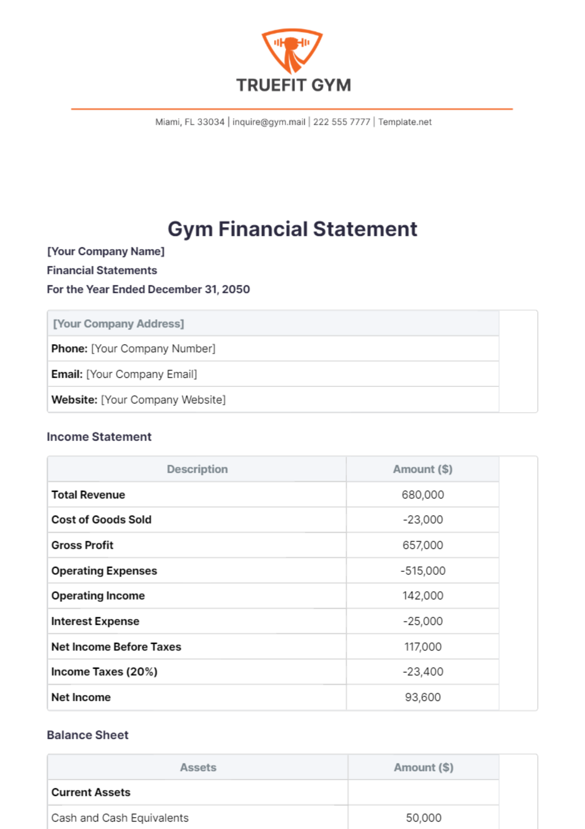 Gym Financial Statement Template - Edit Online & Download