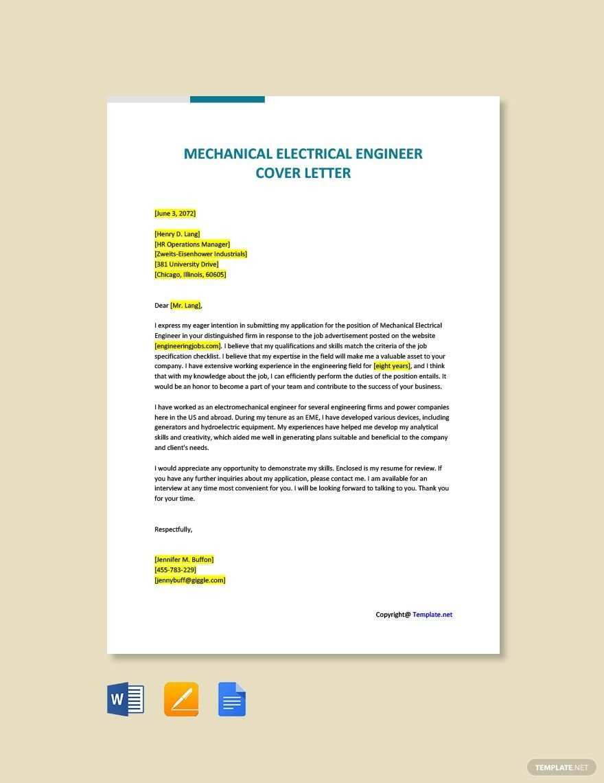 Mechanical Electrical Engineer Cover Letter