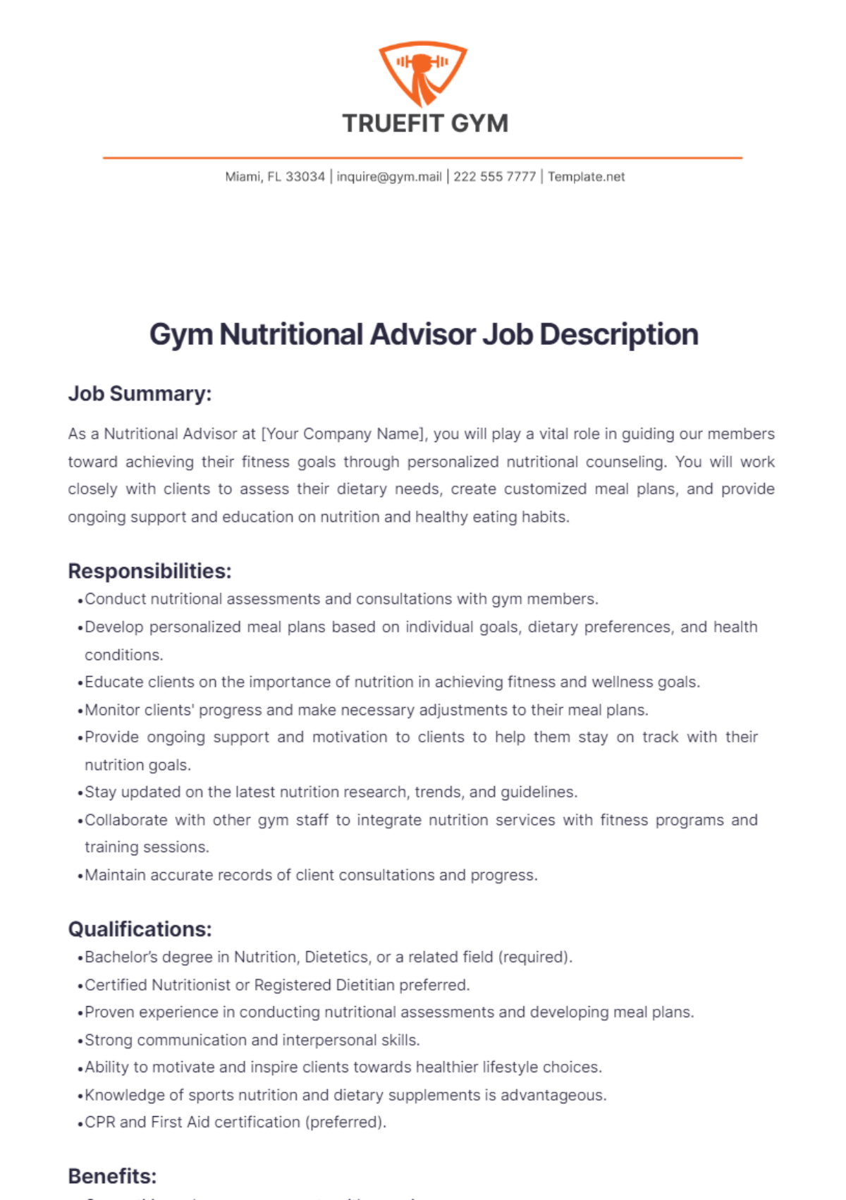 Gym Nutritional Advisor Job Description Template - Edit Online & Download