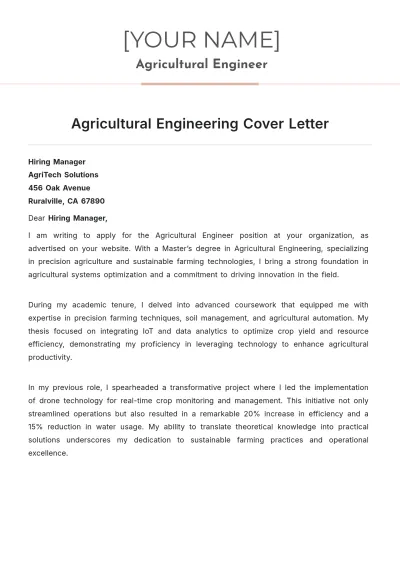 Free Agricultural Engineering Cover Letter to Edit Online