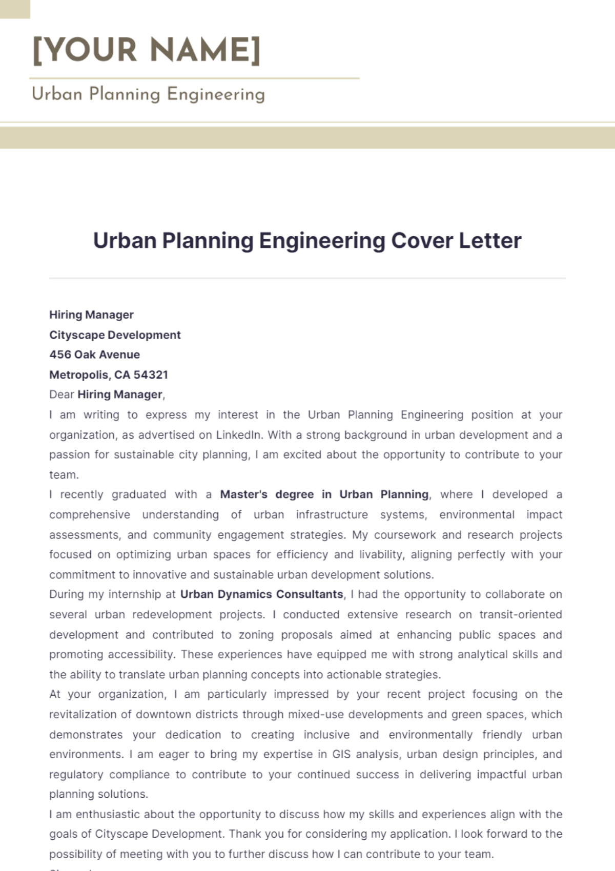 Urban Planning Engineering Cover Letter - Edit Online & Download