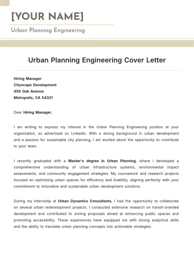 Free Urban Planning Engineering Cover Letter to Edit Online