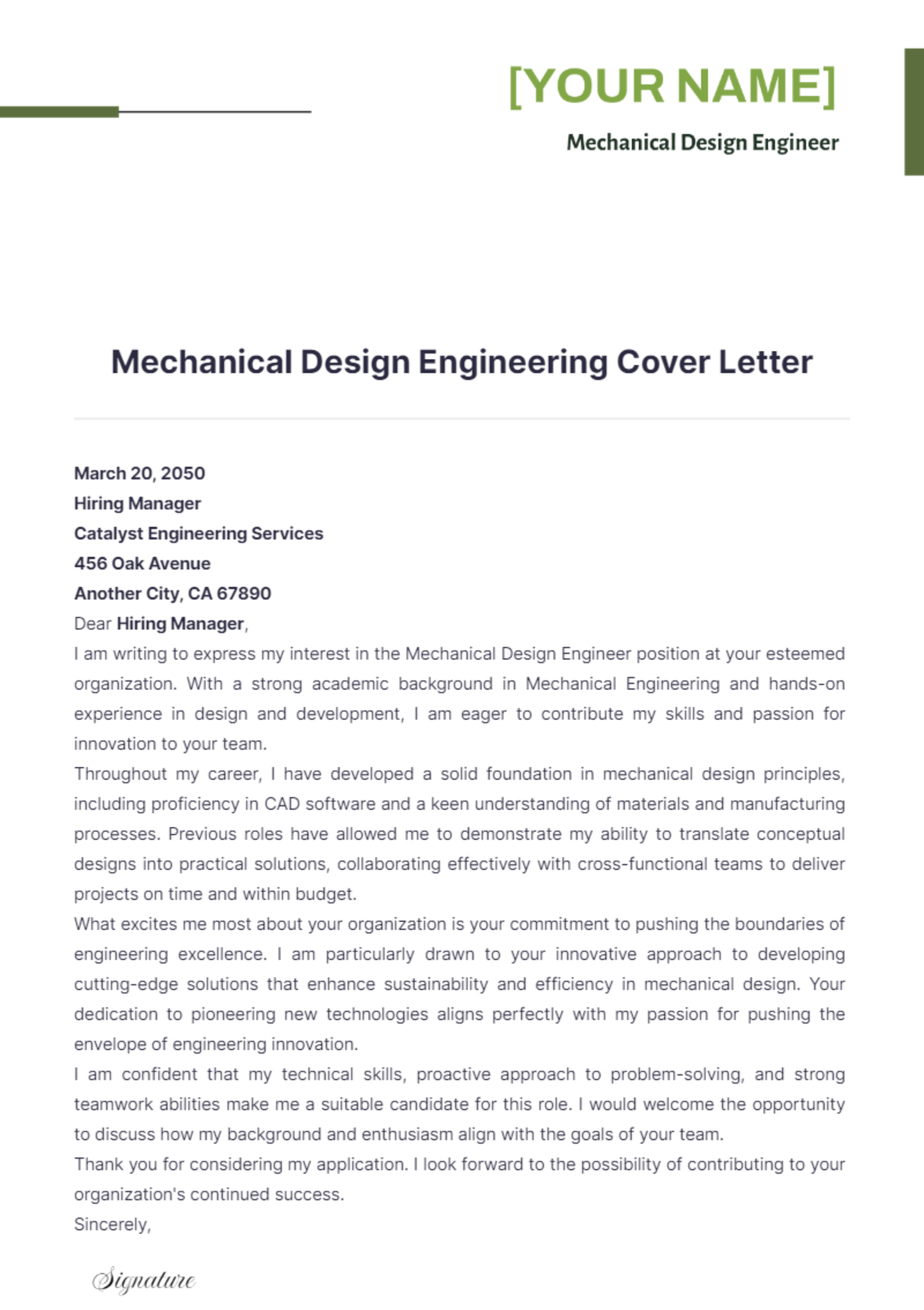 Mechanical Design Engineering Cover Letter - Edit Online & Download