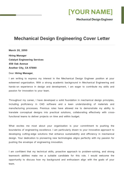 Free Mechanical Design Engineering Cover Letter to Edit Online