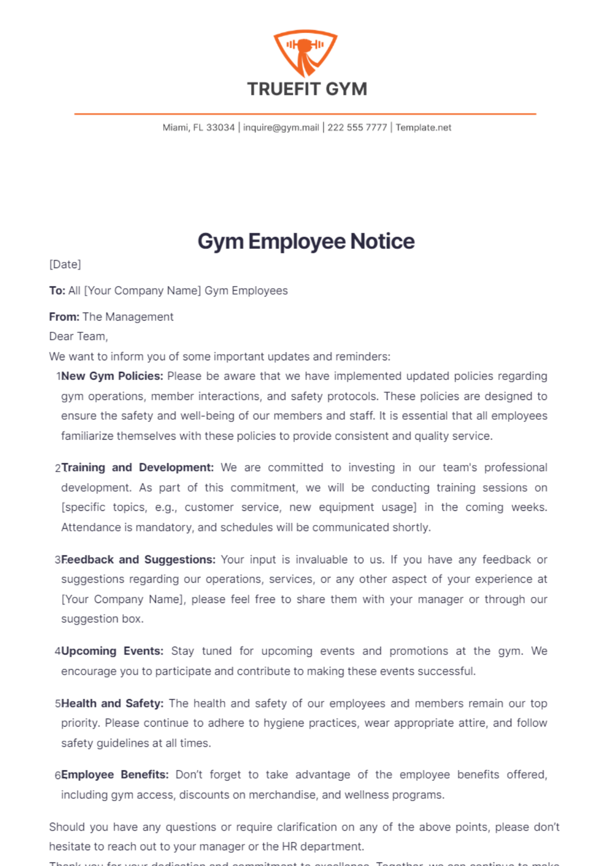 Gym Employee Notice Template - Edit Online & Download