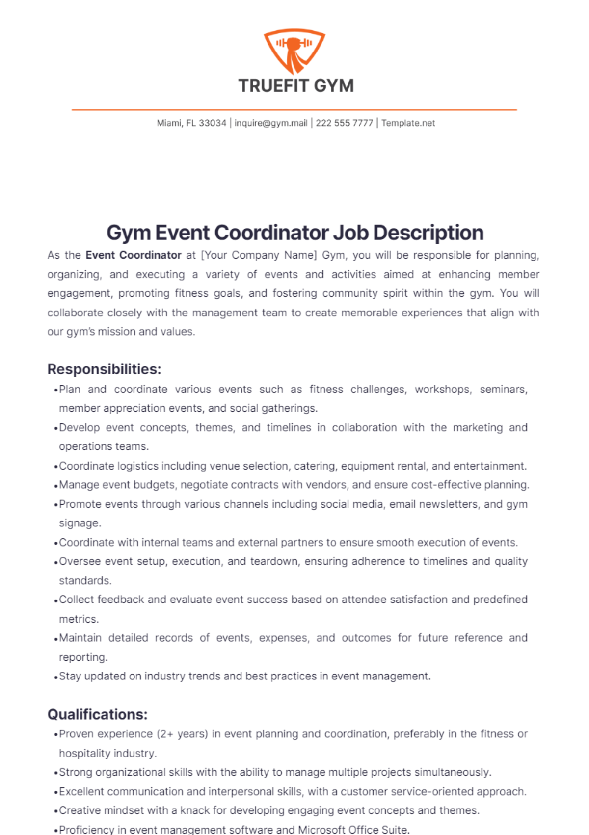 Gym Event Coordinator Job Description Template - Edit Online & Download