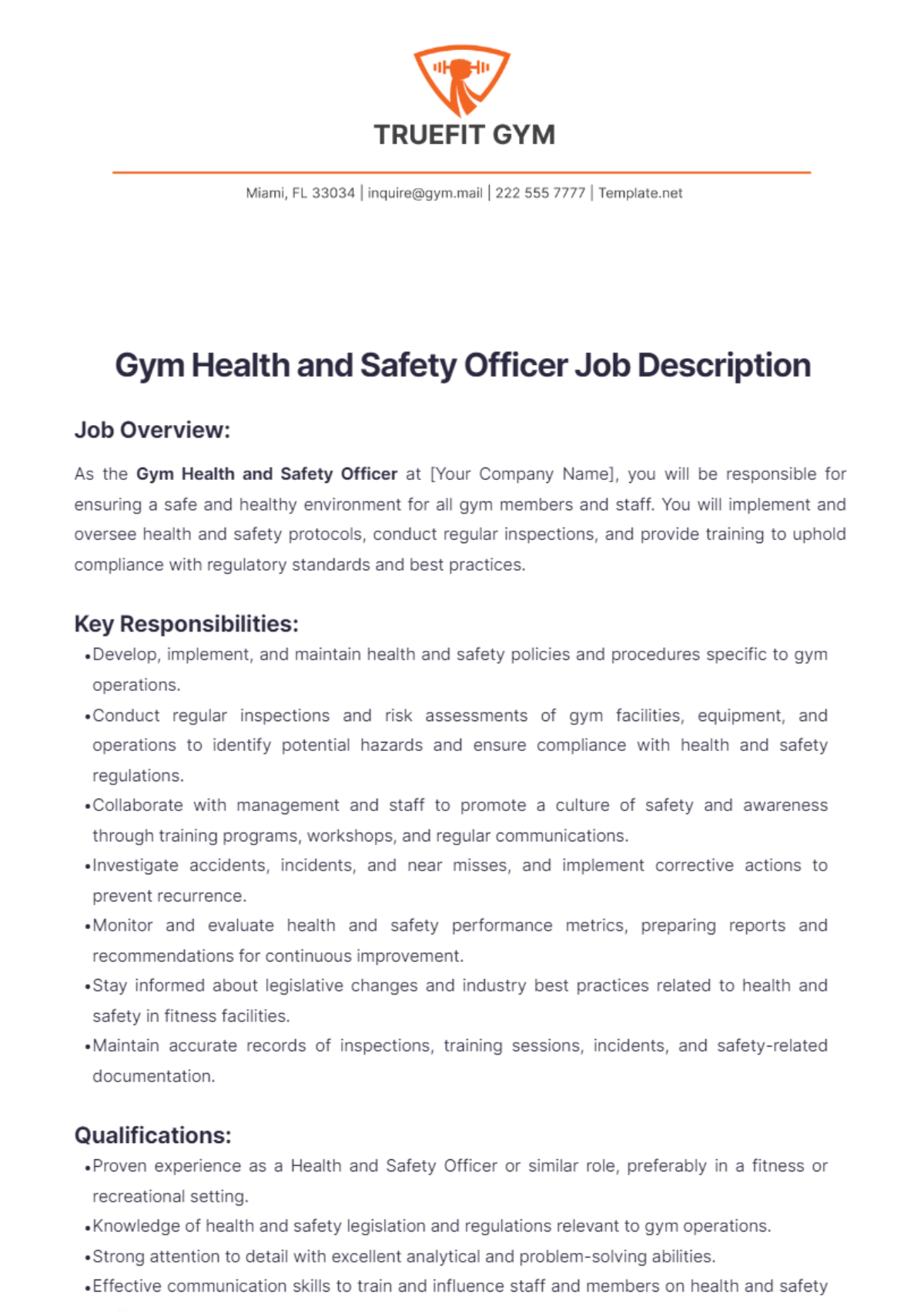 Gym Health and Safety Officer Job Description Template - Edit Online & Download