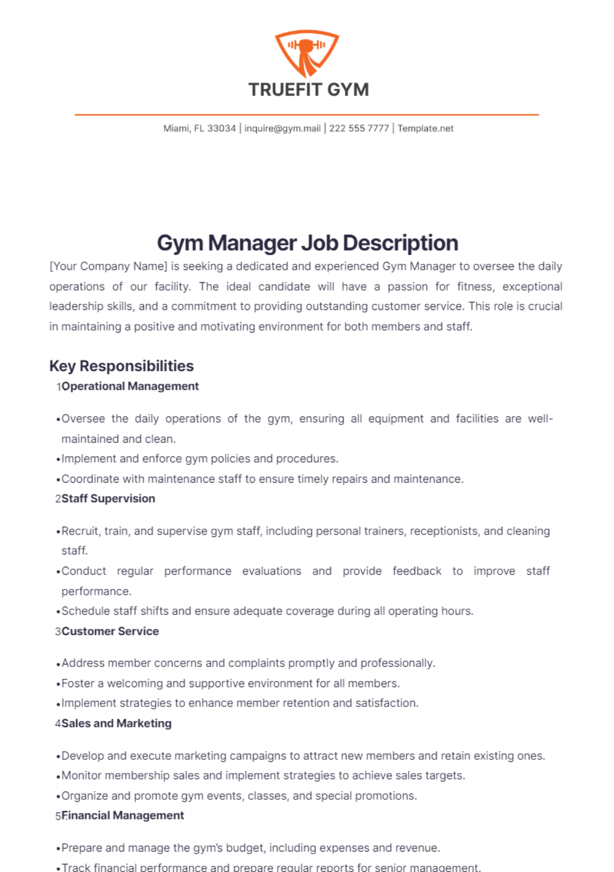 Free Gym Manager Job Description Template - Edit Online & Download ...