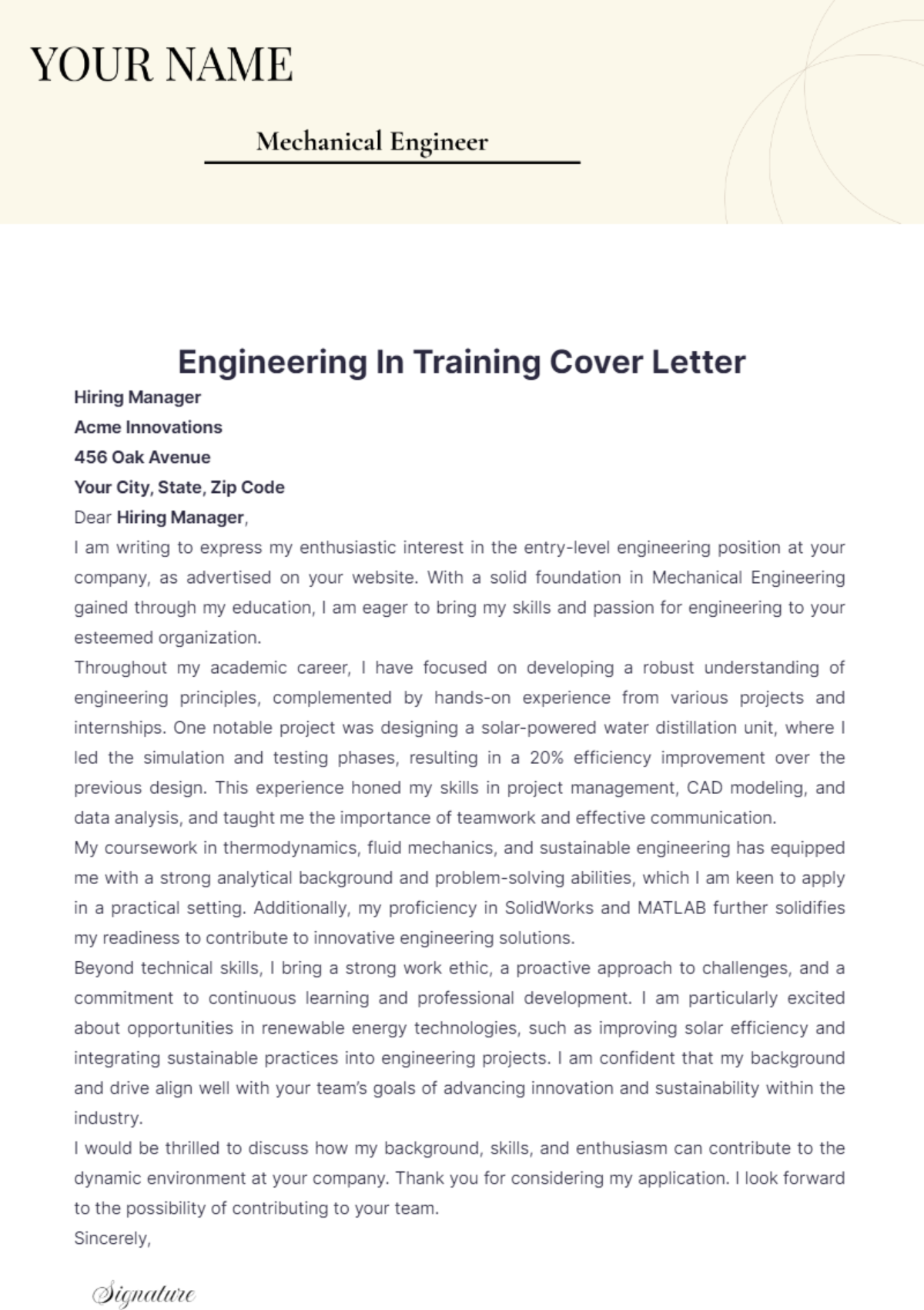 Engineering In Training Cover Letter - Edit Online & Download