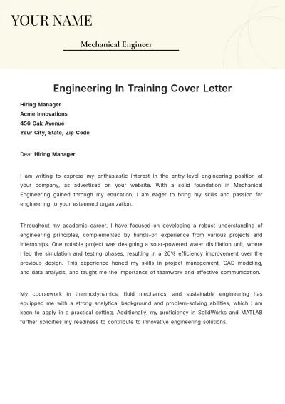 Free Engineering In Training Cover Letter to Edit Online