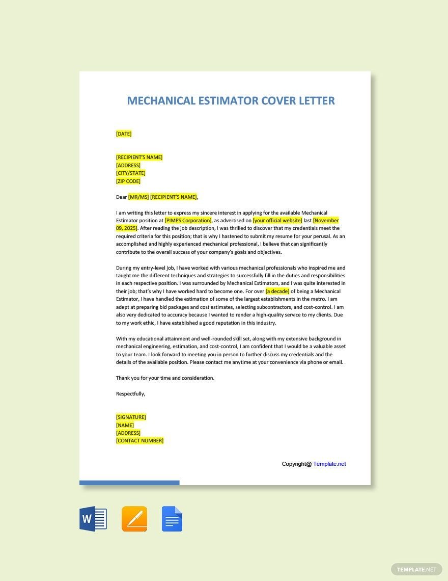 Mechanical Estimator Cover Letter
