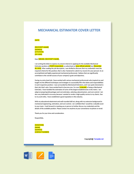 Free Mechanical Estimator Cover Letter Template - Google Docs, Word ...