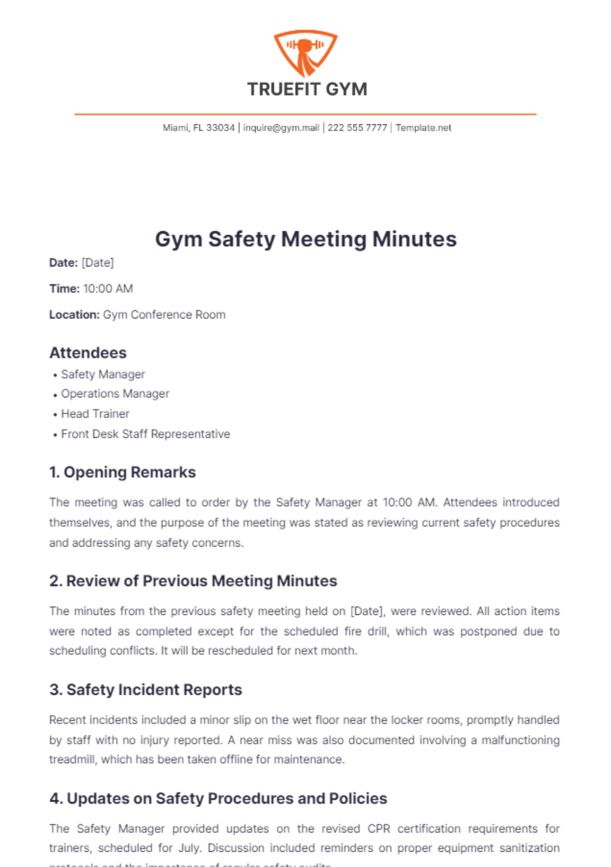 Gym Safety Meeting Minutes Template - Edit Online & Download