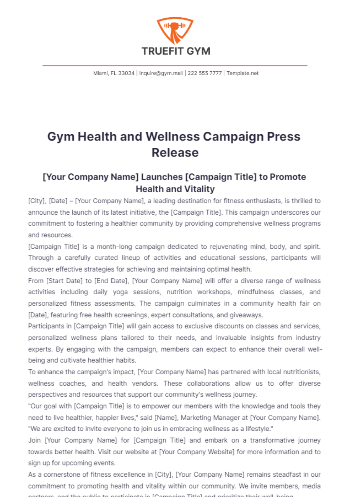 Gym Health and Wellness Campaign Press Release Template - Edit Online & Download