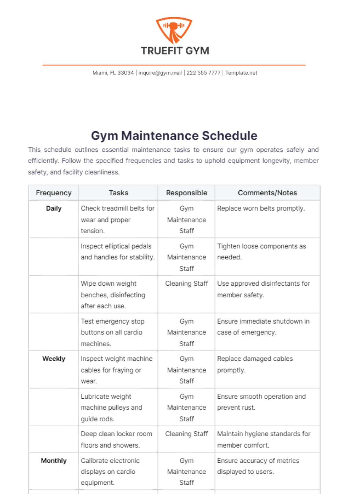 Gym Maintenance Schedule Template - Edit Online & Download