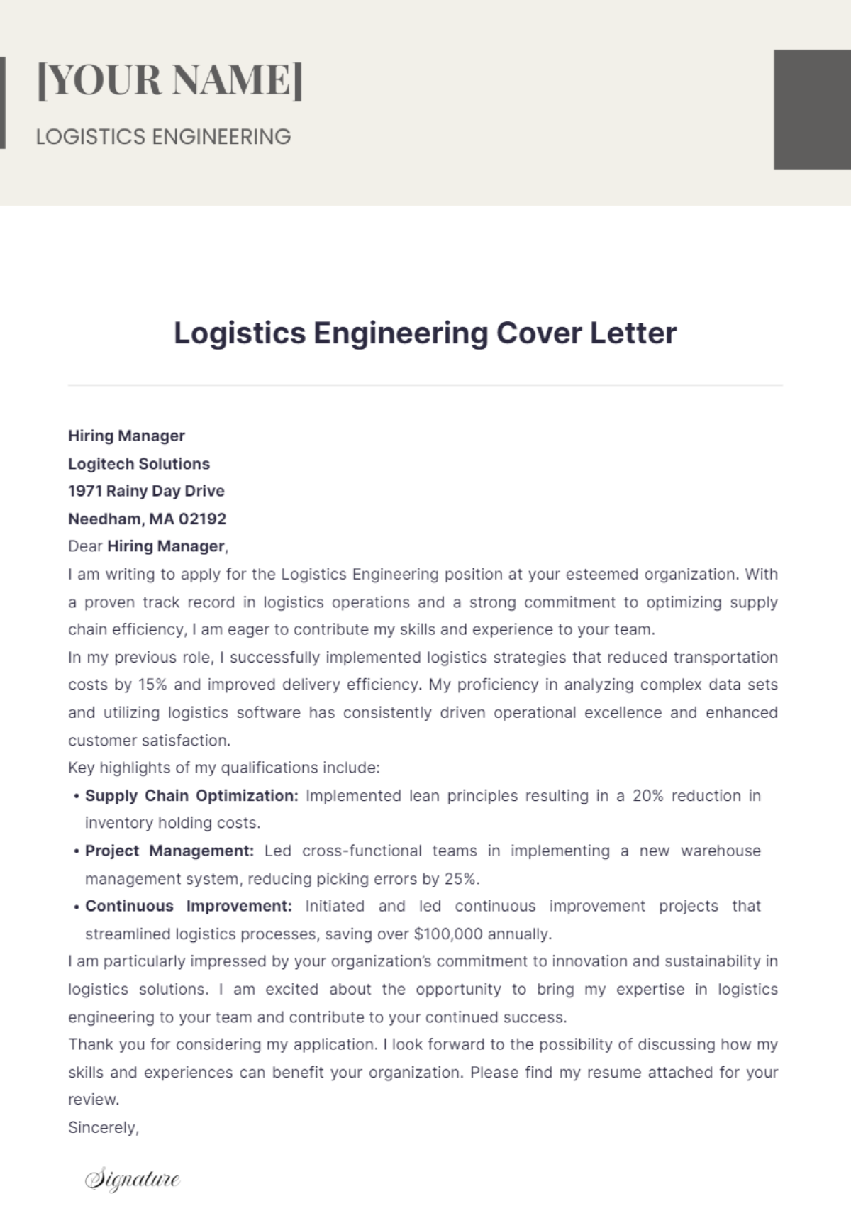 Logistics Engineering Cover Letter - Edit Online & Download