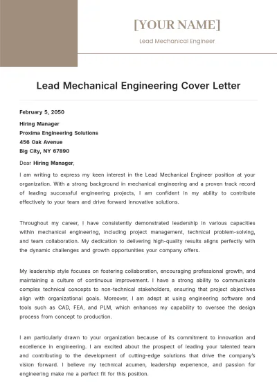 Free Lead Mechanical Engineering Cover Letter to Edit Online