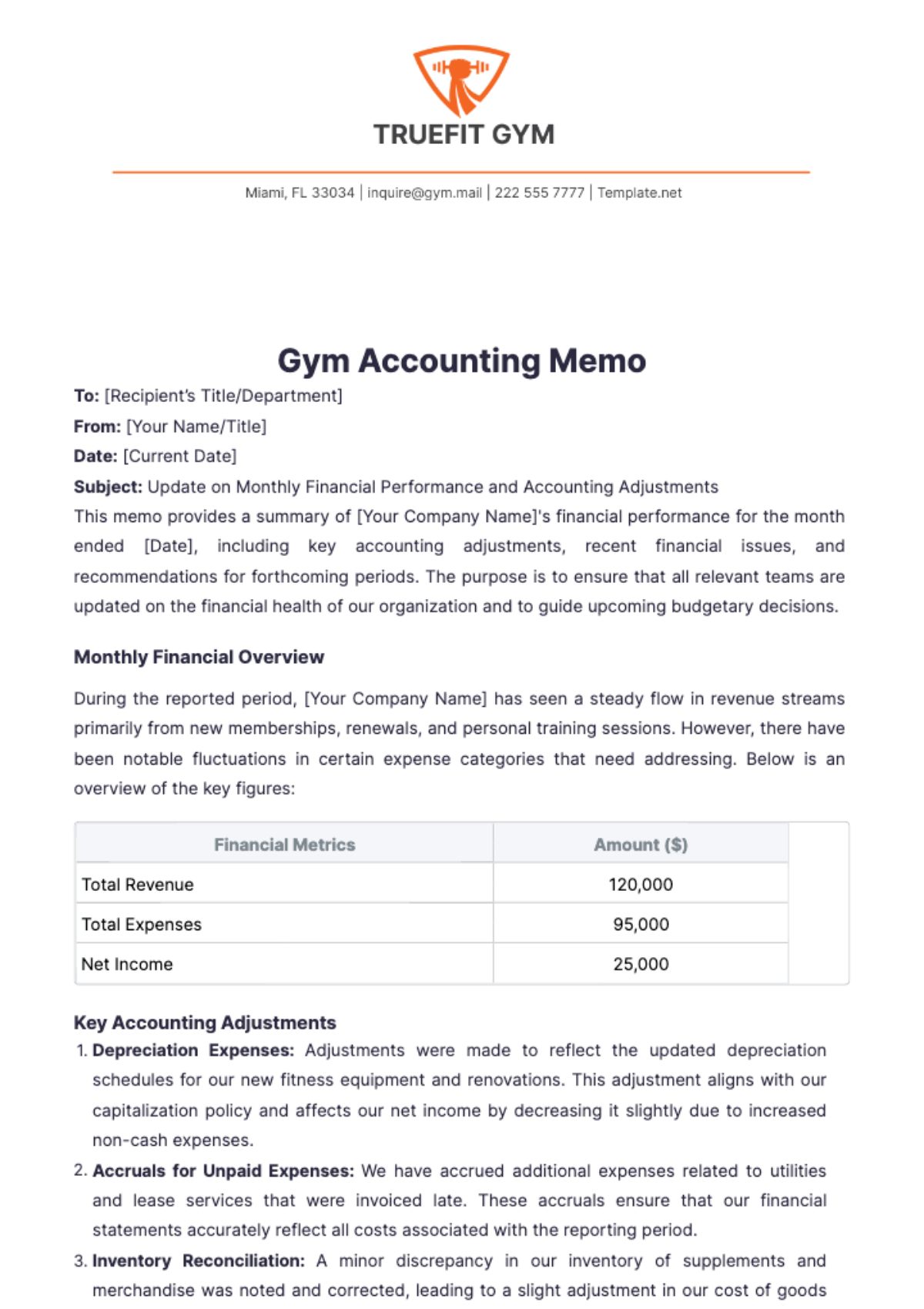 Gym Accounting Memo Template - Edit Online & Download