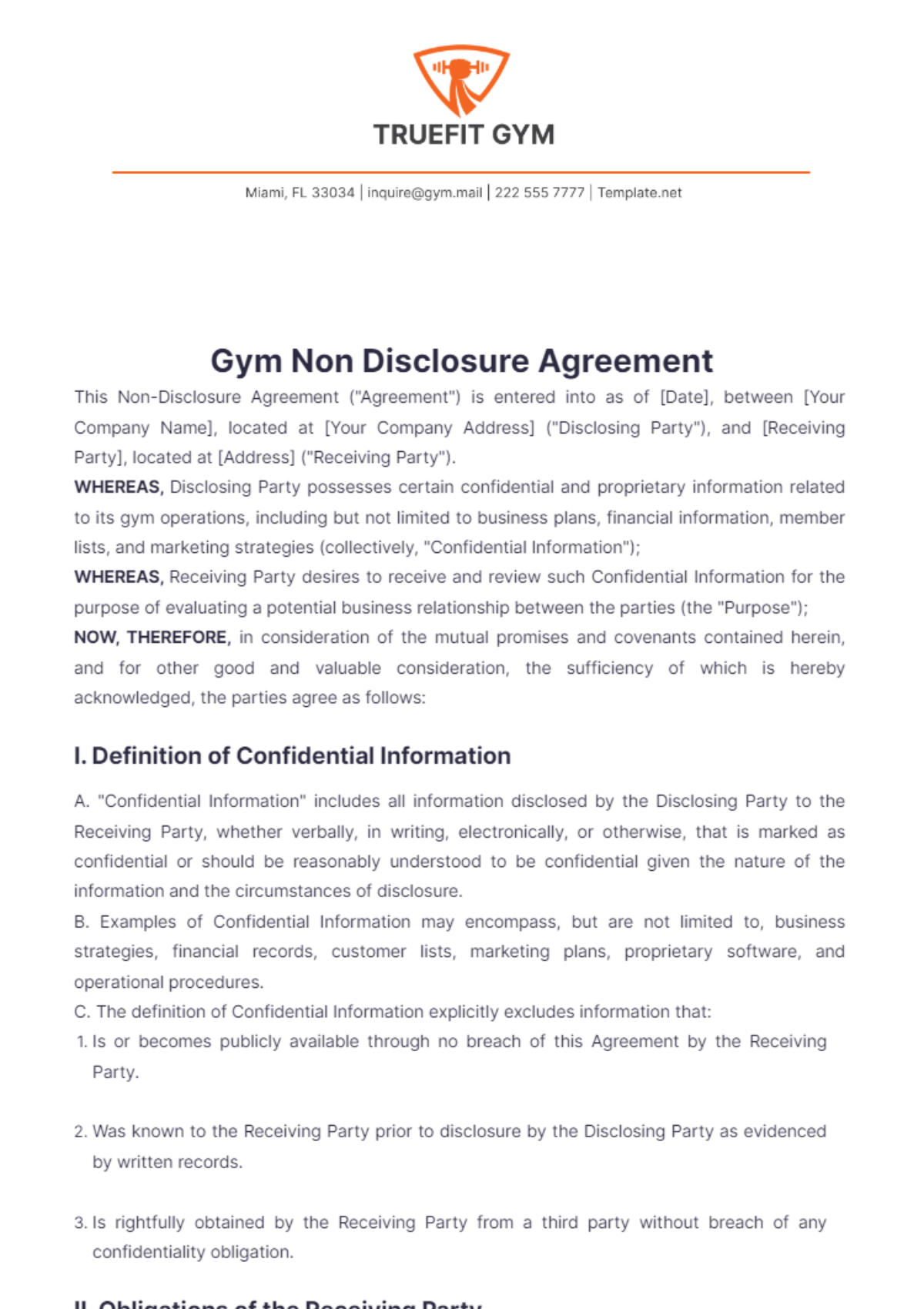 Gym Non Disclosure Agreement Template - Edit Online & Download