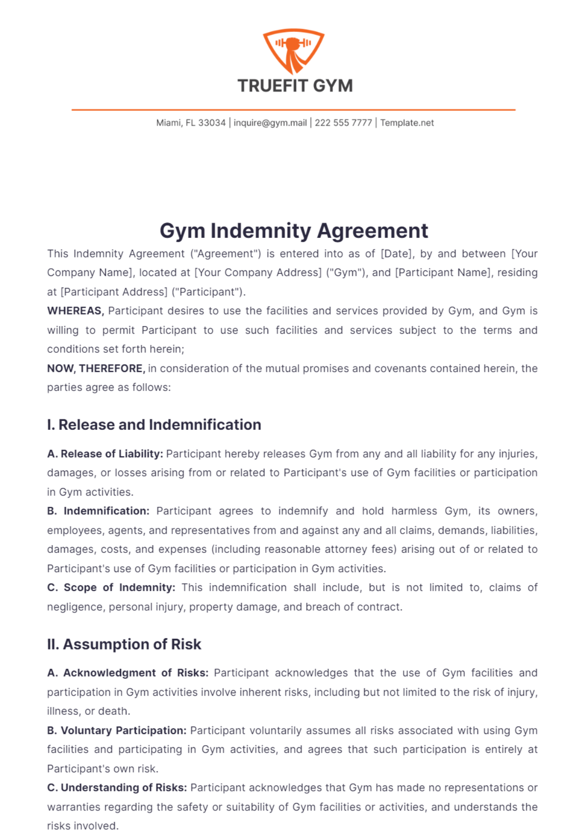 Gym Indemnity Agreement Template