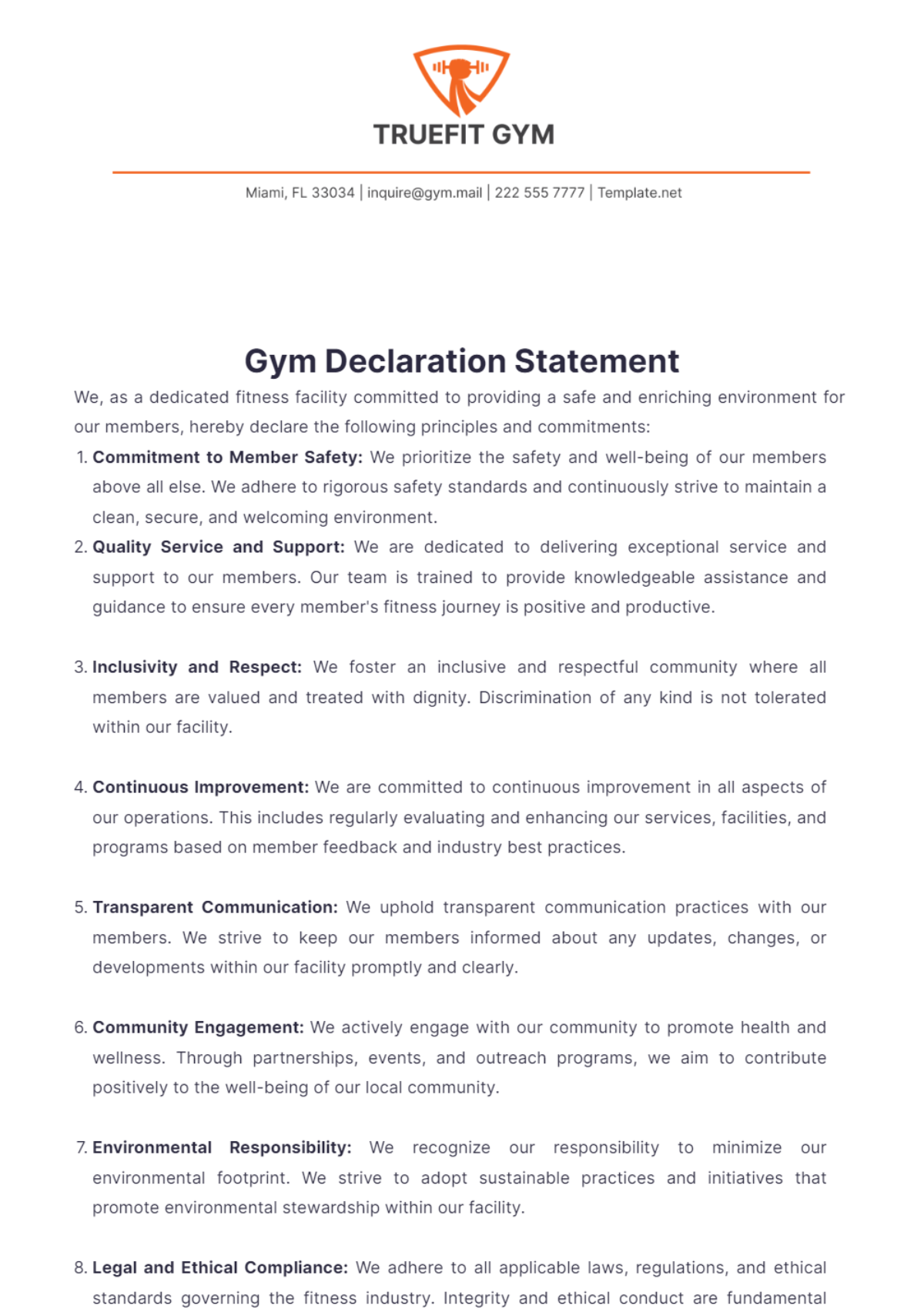 Gym Declaration Statement Template