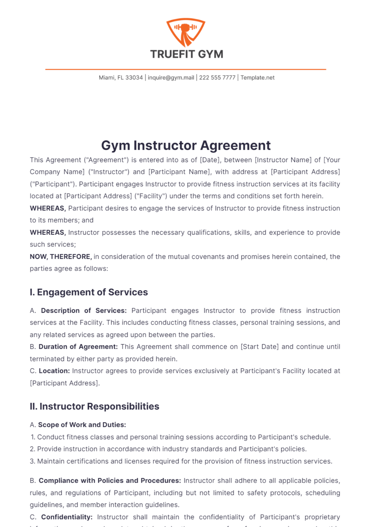 Gym Instructor Agreement Template - Edit Online & Download