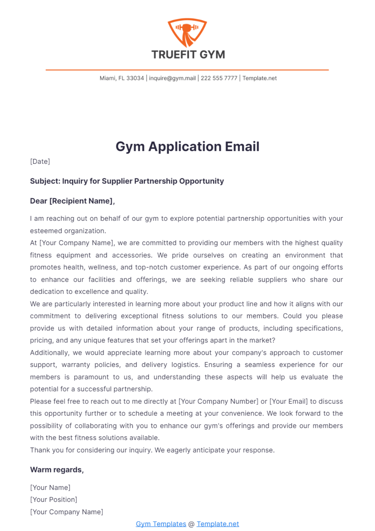 Gym Application Email Template