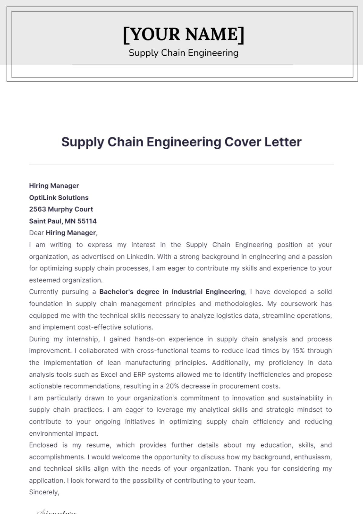 Supply Chain Engineering Cover Letter - Edit Online & Download