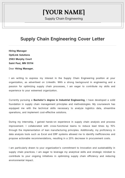 Free Supply Chain Engineering Cover Letter to Edit Online