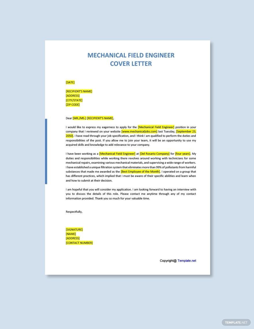 Mechanical Field Engineer Cover Letter