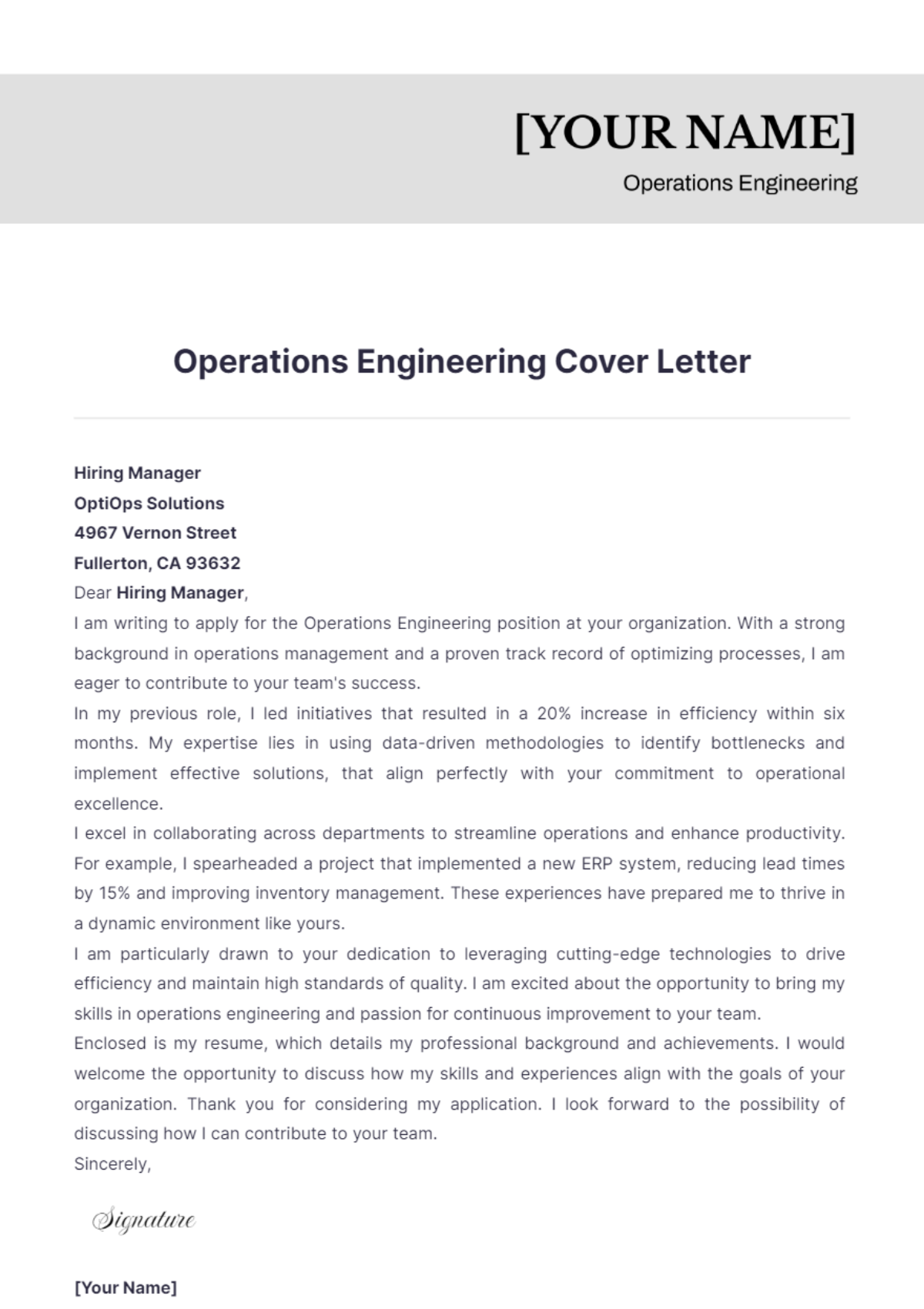 Operations Engineering Cover Letter - Edit Online & Download