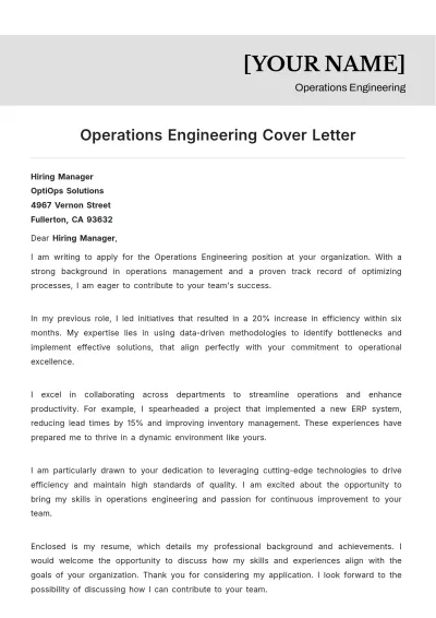 Free Operations Engineering Cover Letter to Edit Online