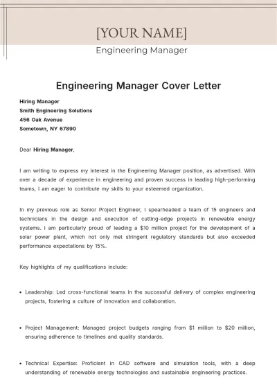 Free Engineering Manager Cover Letter to Edit Online